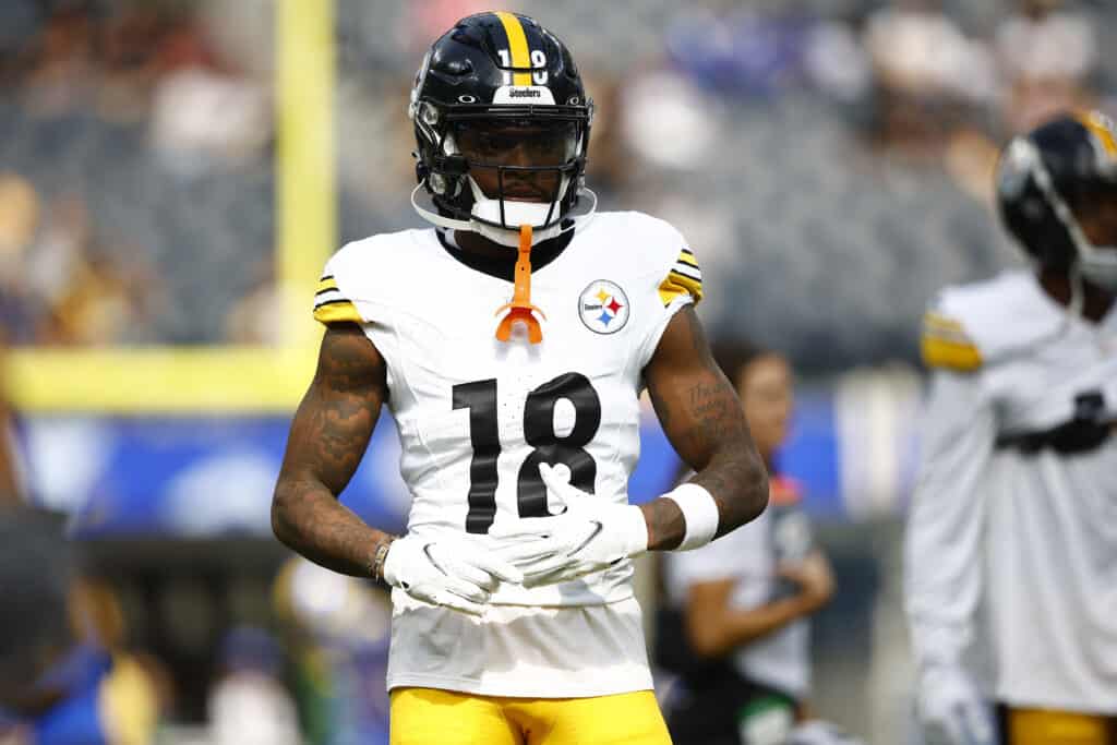 INGLEWOOD, CALIFORNIA - OCTOBER 22:  Diontae Johnson #18 of the Pittsburgh Steelers at SoFi Stadium on October 22, 2023 in Inglewood, California. 