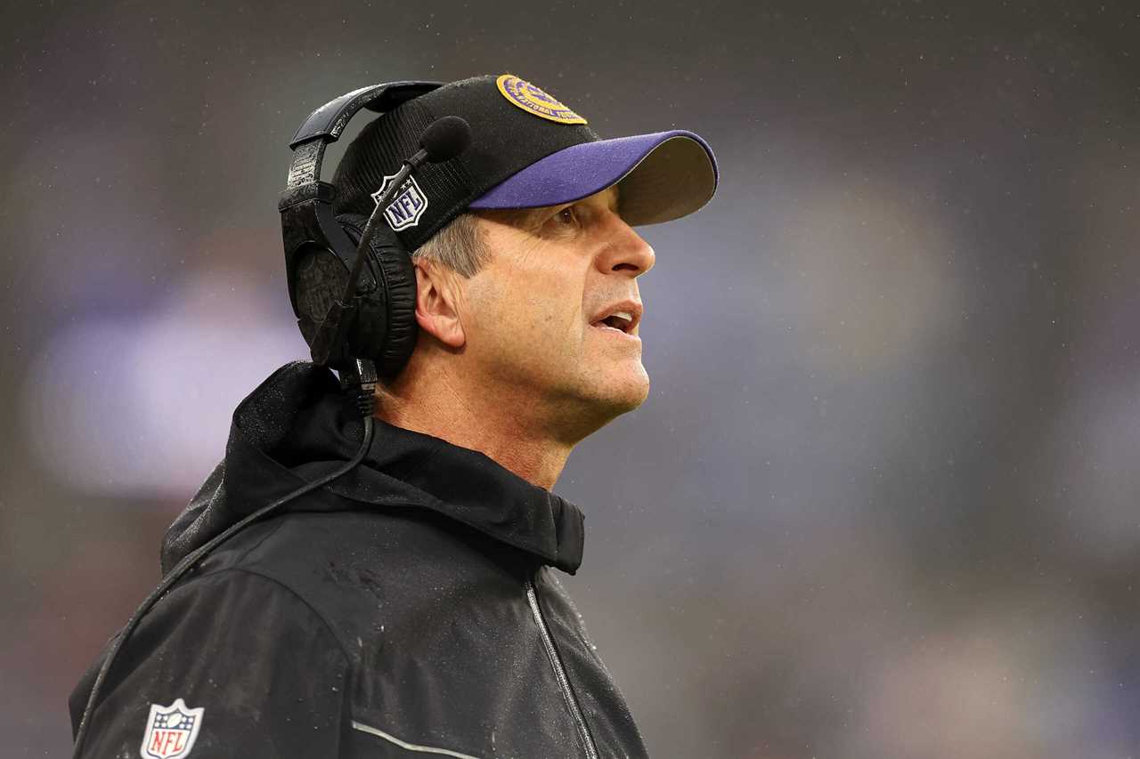 BALTIMORE, MARYLAND - DECEMBER 10: Head coach John Harbaugh of the Baltimore Ravens reacts during the third quarter in the game against the Los Angeles Rams at M&T Bank Stadium on December 10, 2023 in Baltimore, Maryland.