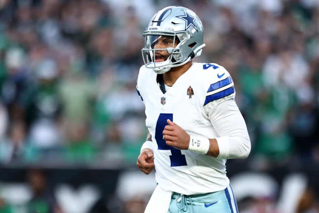 Dak Prescott #4 of the Dallas Cowboys runs onto the field during the first half in the game against the Philadelphia Eagles at Lincoln Financial Field on November 05, 2023 in Philadelphia, Pennsylvania.