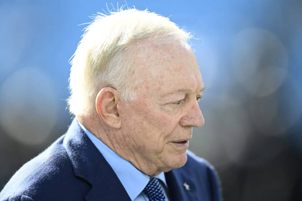 CHARLOTTE, NORTH CAROLINA - NOVEMBER 19: Dallas Cowboys owner Jerry Jones stands on the field prior to the game against the Carolina Panthers at Bank of America Stadium on November 19, 2023 in Charlotte, North Carolina.