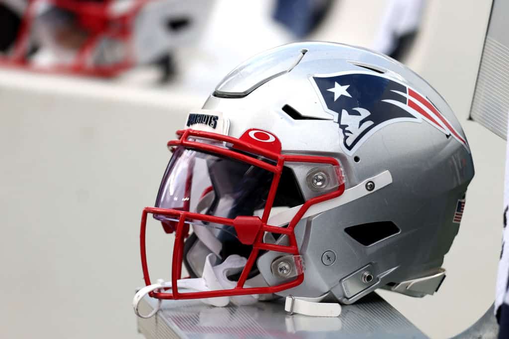 A view of New England Patriots helmets at Gillette Stadium on October 17, 2021 in Foxborough, Massachusetts.