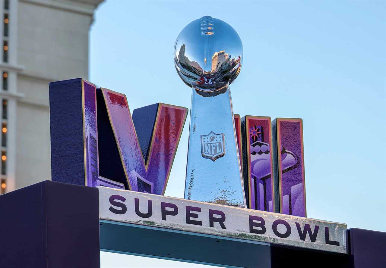 LAS VEGAS, NEVADA - FEBRUARY 03: Part of a Super Bowl LVIII display is shown on the Las Vegas Strip in front of Caesars Palace on February 03, 2024 in Las Vegas, Nevada. The game will be played on February 11, 2024, between the San Francisco 49ers and the Kansas City Chiefs at Allegiant Stadium in Las Vegas