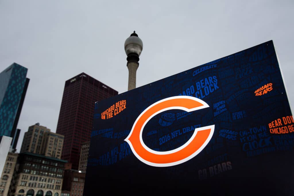 CHICAGO, IL - APRIL 28: A Chicago Bears graphic is displayed in Grant Park, at the entrance of the NFL Draft Town, prior to the start of the 2016 NFL Draft on April 28, 2016 in Chicago, Illinois.