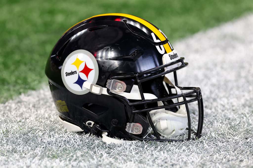 A detail shot of the helmet of Mason Cole #61 of the Pittsburgh Steelers before the game against the Atlanta Falcons at Mercedes-Benz Stadium on December 04, 2022 in Atlanta, Georgia.