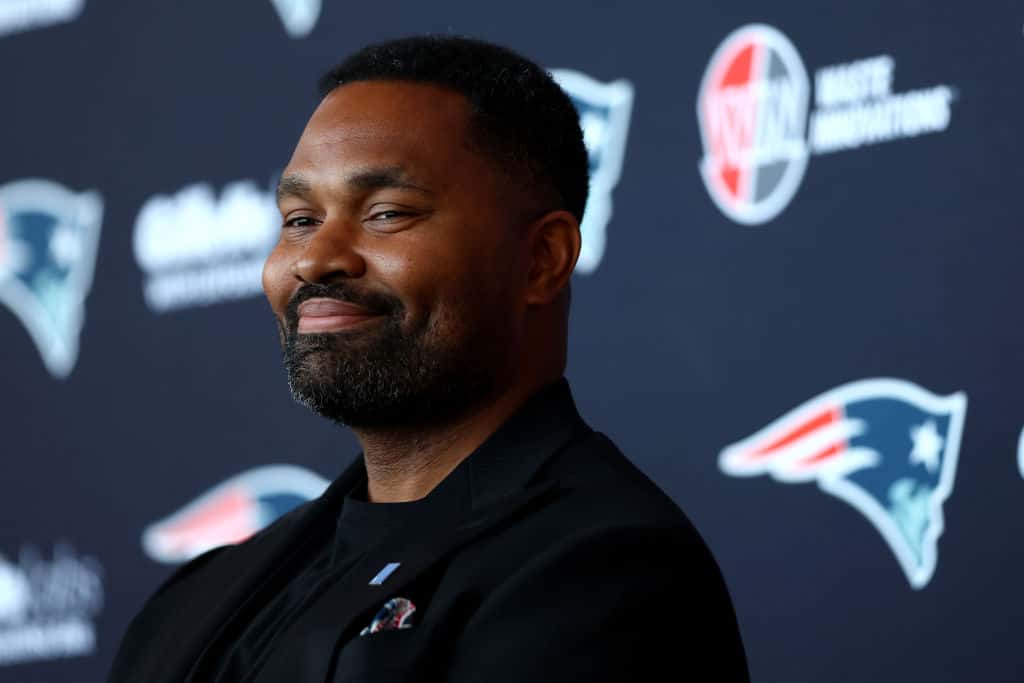 Newly appointed head coach Jerod Mayo of the New England Patriots speaks to the media during a press conference at Gillette Stadium on January 17, 2024 in Foxborough, Massachusetts.