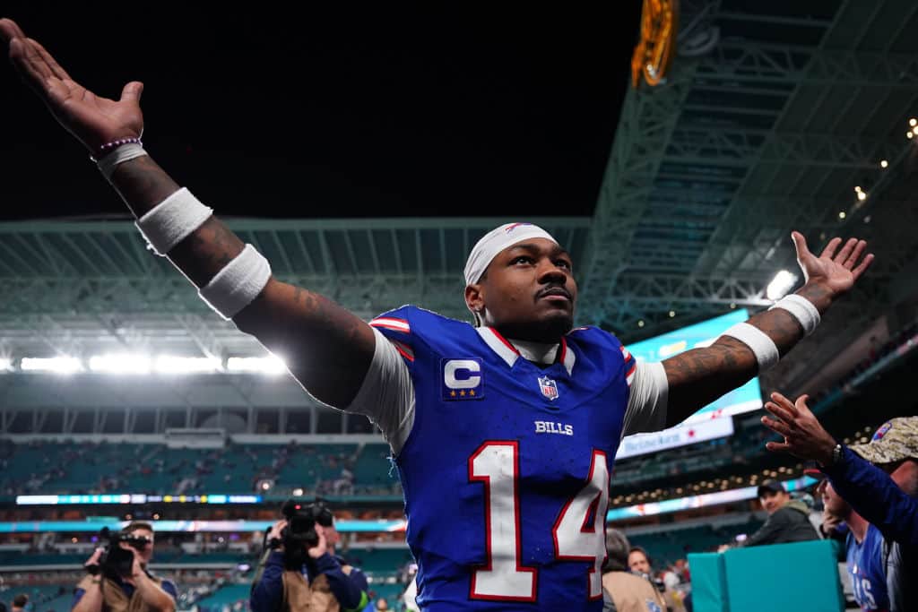 Stefon Diggs #14 of the Buffalo Bills reacts after a 21-14 victory against the Miami Dolphins at Hard Rock Stadium on January 07, 2024 in Miami Gardens, Florida.