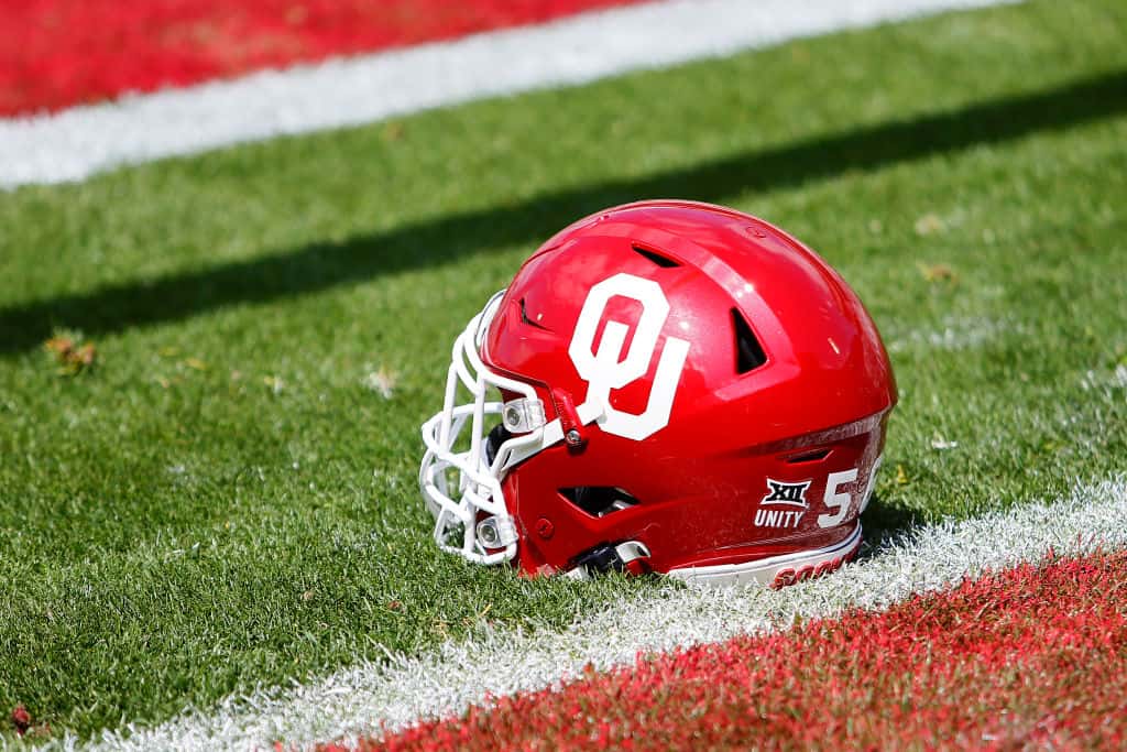 An Oklahoma Sooners helmet sits in the end zone before the team's spring game at Gaylord Family Oklahoma Memorial Stadium on April 24, 2021 in Norman, Oklahoma.