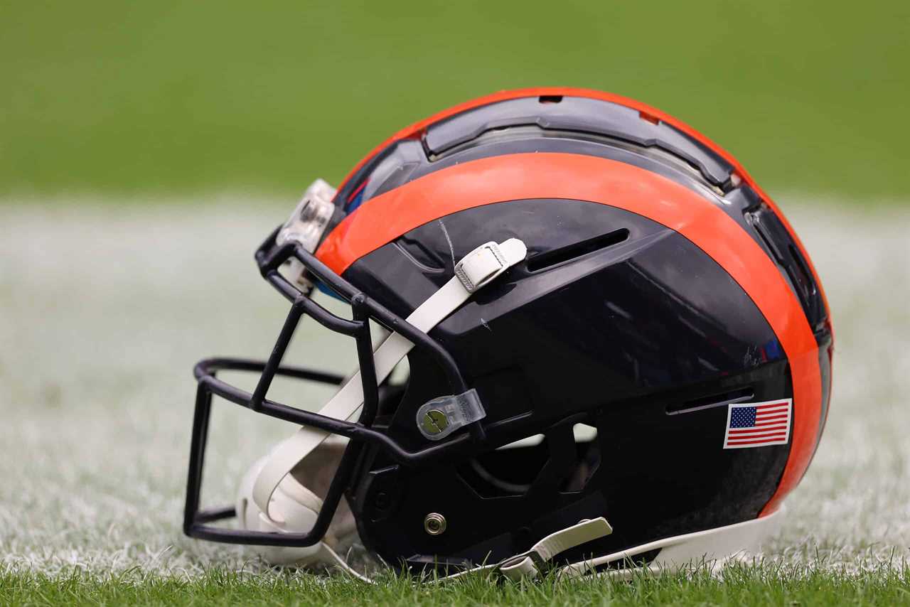 A detail of a Chicago Bears helmet prior to the game against the Houston Texans at Soldier Field on September 25, 2022 in Chicago, Illinois.