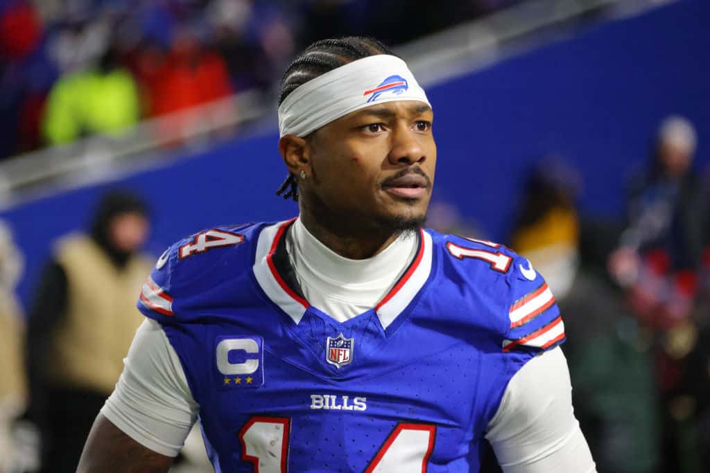 Stefon Diggs #14 of the Buffalo Bills reacts during the AFC Divisional Playoff game against the Kansas City Chiefs at Highmark Stadium on January 21, 2024 in Orchard Park, New York.