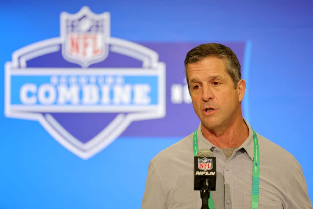 Head coach John Harbaugh of the Baltimore Ravens speaks to the media during the NFL Combine at the Indiana Convention Center on February 27, 2024 in Indianapolis, Indiana.