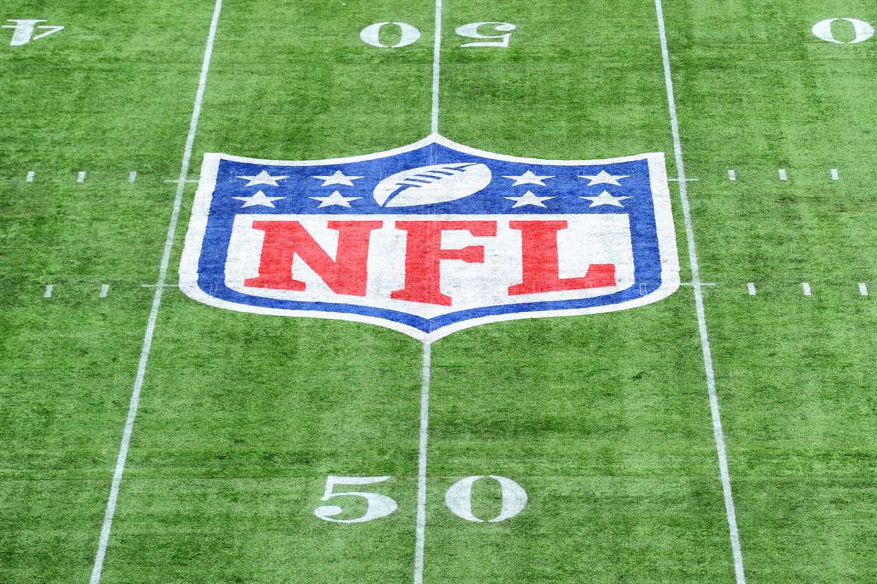 detailed view of the NFL logo on the pitch during the NFL match between the Carolina Panthers and Tampa Bay Buccaneers at Tottenham Hotspur Stadium on October 13, 2019 in London, England.
