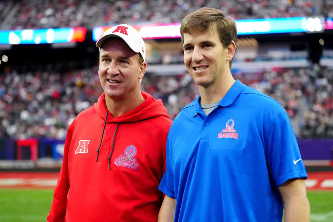 AFC head coach Peyton Manning and NFC head coach Eli Manning are seen during the 2023 NFL Pro Bowl Games at Allegiant Stadium on February 05, 2023 in Las Vegas, Nevada.