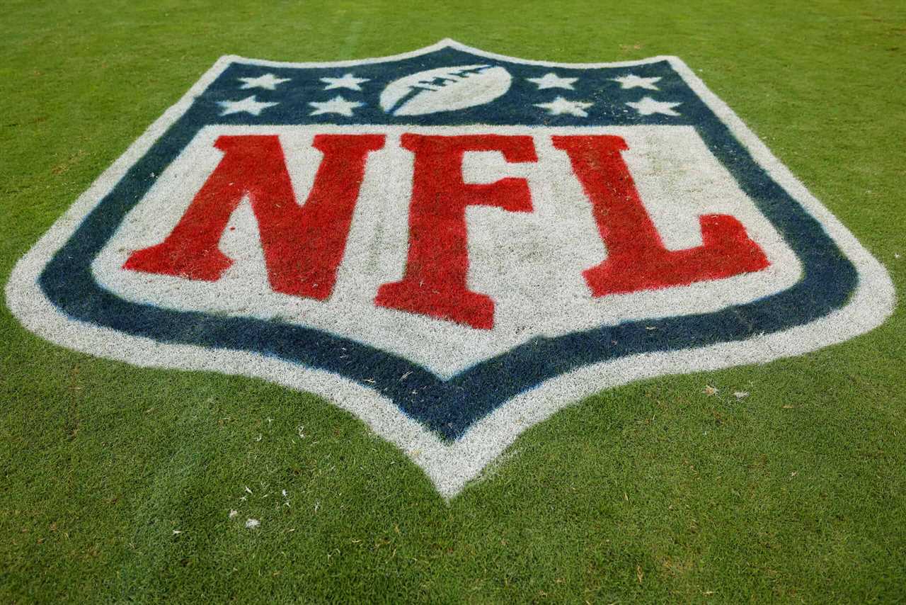 A detail of the NFL logo at Soldier Field after the game between the Chicago Bears and the Green Bay Packers on September 10, 2023 in Chicago, Illinois