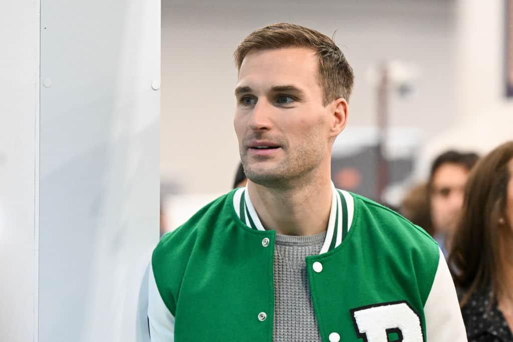 Kirk Cousins at Radio Row at the Mandalay Bay Convention Center ahead of Super Bowl LVIII on February 09, 2024 in Las Vegas, Nevada.