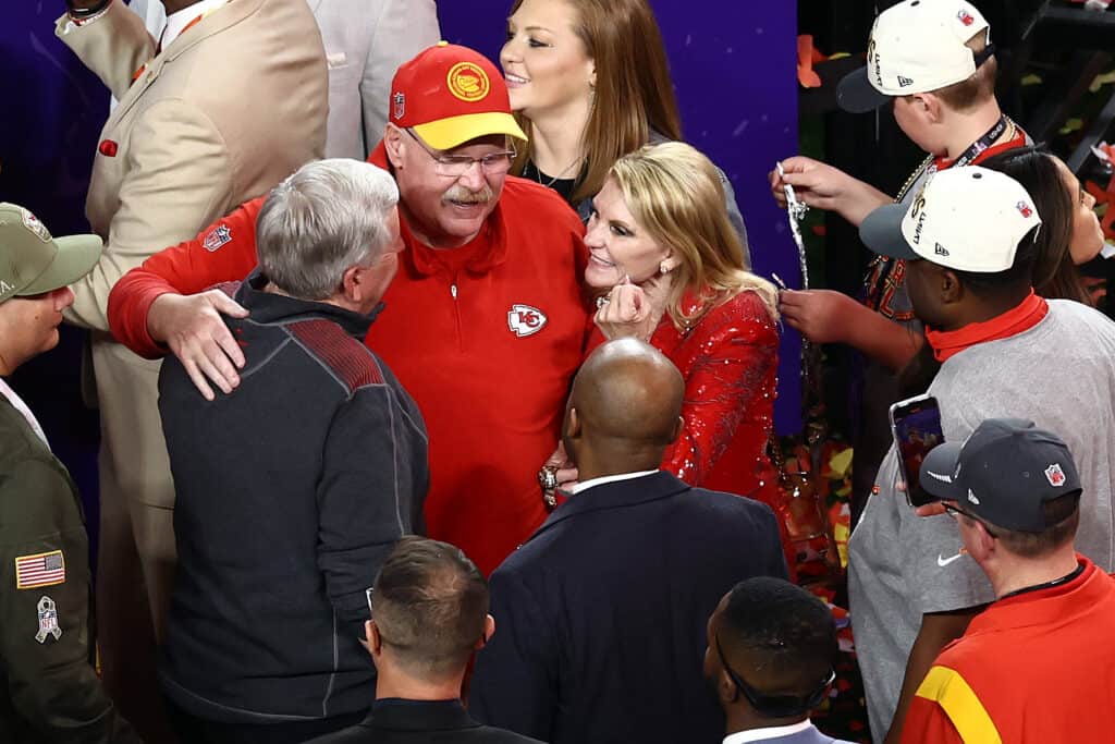 AS VEGAS, NEVADA - FEBRUARY 11: Head coach Andy Reid of the Kansas City Chiefs celebrates with wife Tammy Reid after defeating the San Francisco 49ers 25-22 during Super Bowl LVIII at Allegiant Stadium on February 11, 2024 in Las Vegas, Nevada.