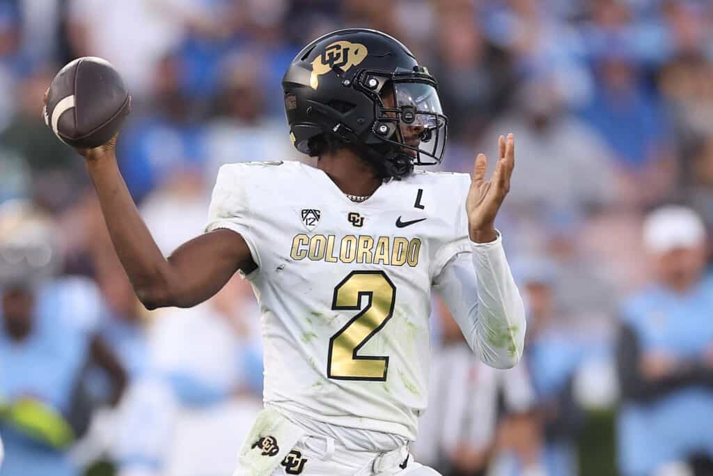 PASADENA, CALIFORNIA - OCTOBER 28: Shedeur Sanders #2 of the Colorado Buffaloes passes the ball during the first half of a game against the UCLA Bruins at Rose Bowl Stadium on October 28, 2023 in Pasadena, California. 