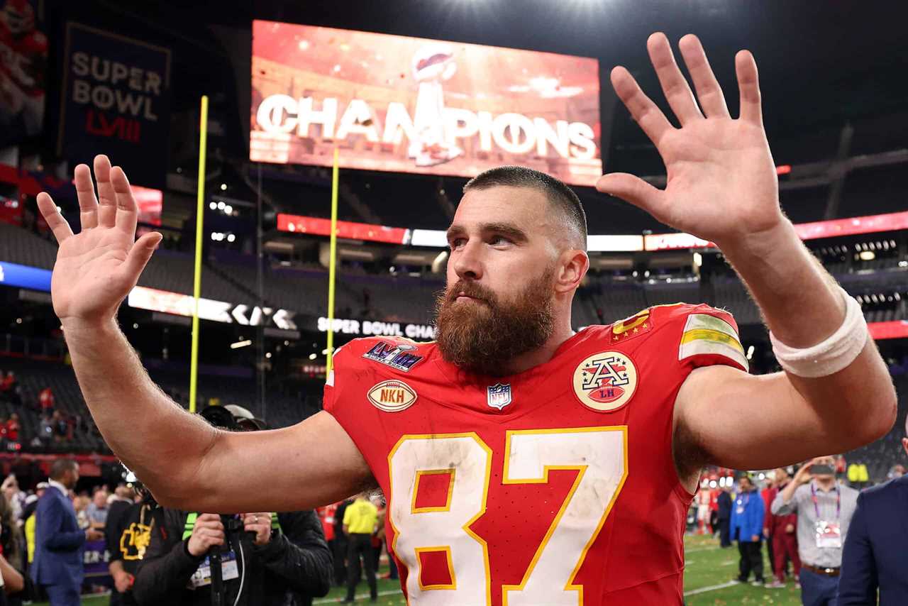 LAS VEGAS, NEVADA - FEBRUARY 11: Travis Kelce #87 of the Kansas City Chiefs waves to fans after defeating the San Francisco 49ers 25-22 during Super Bowl LVIII at Allegiant Stadium on February 11, 2024 in Las Vegas, Nevada.