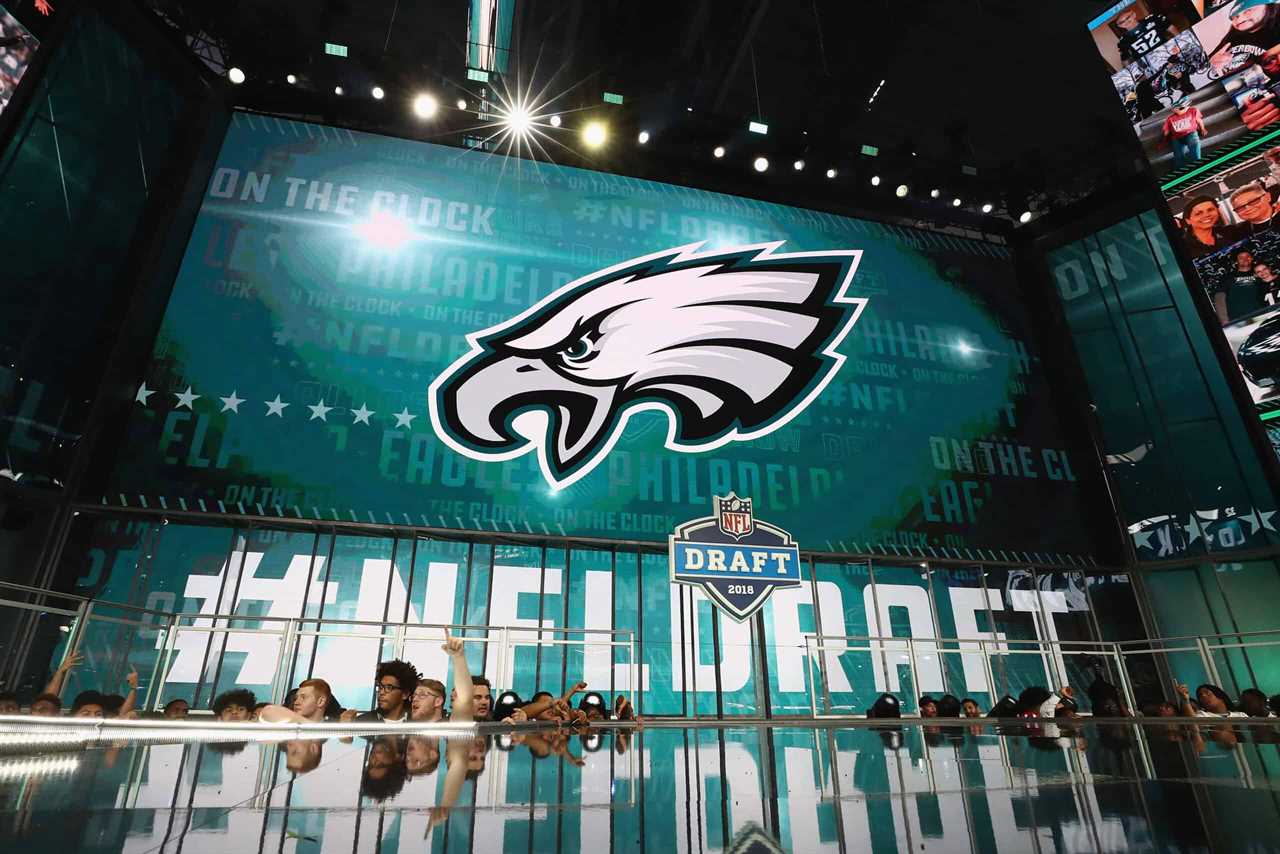The Philadelphia Eagles logo is seen on a video board during the first round of the 2018 NFL Draft at AT&T Stadium on April 26, 2018 in Arlington, Texas.