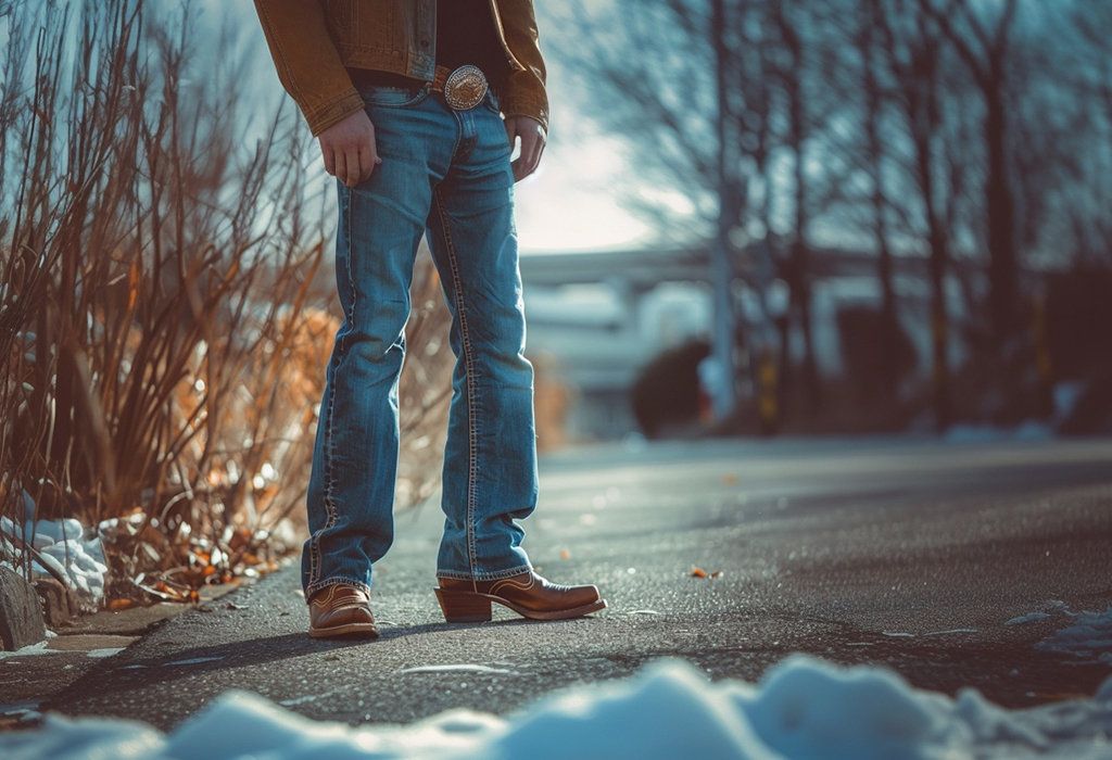 Man wearing 70s flared jeans with western boots and western belt