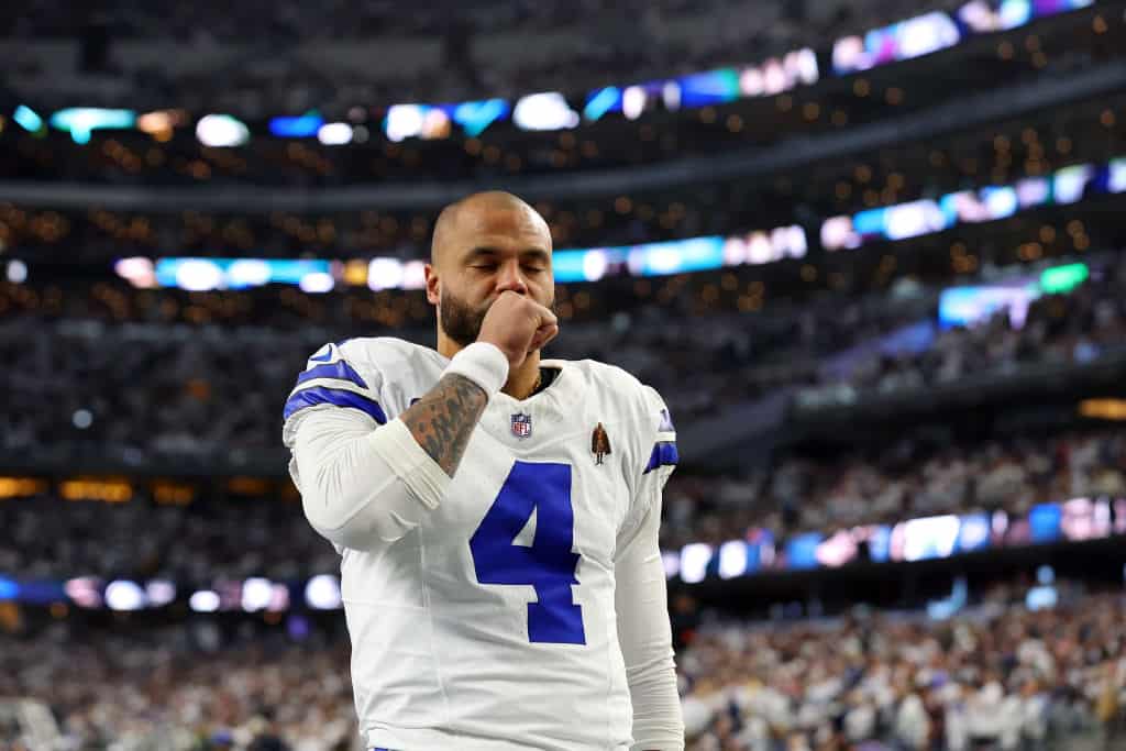Dak Prescott #4 of the Dallas Cowboys takes the field prior to the NFC Wild Card Playoff game against the Green Bay Packers at AT&T Stadium on January 14, 2024 in Arlington, Texas.