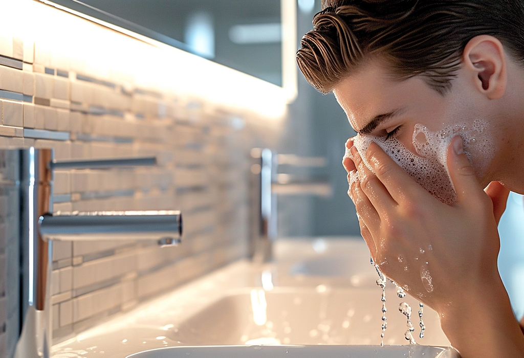 man washing face