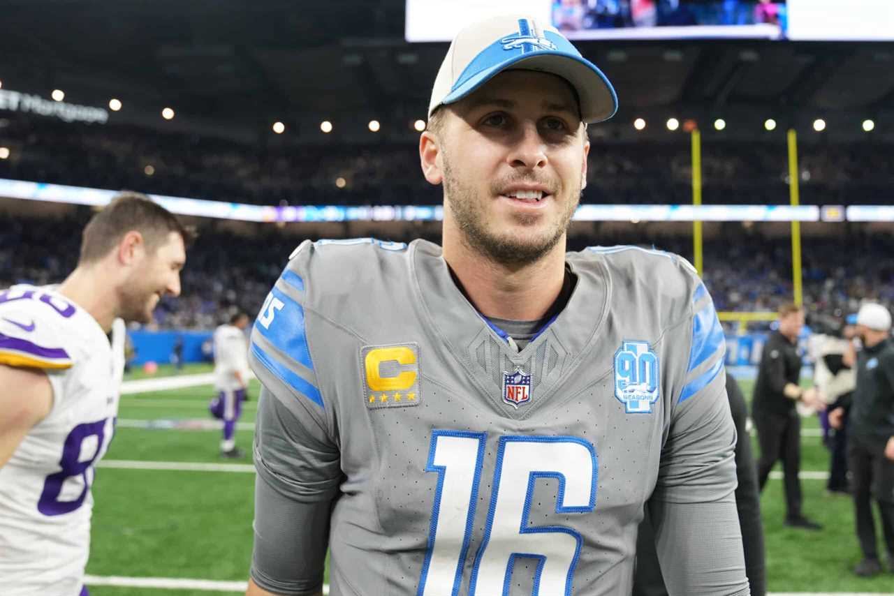 DETROIT, MICHIGAN - JANUARY 07: Jared Goff #16 of the Detroit Lions walks off the field after a win over the Minnesota Vikings at Ford Field on January 07, 2024 in Detroit, Michigan.