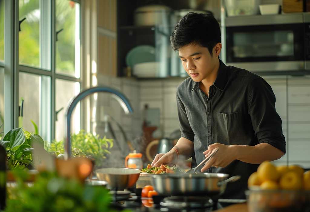 young man cooking healthy food