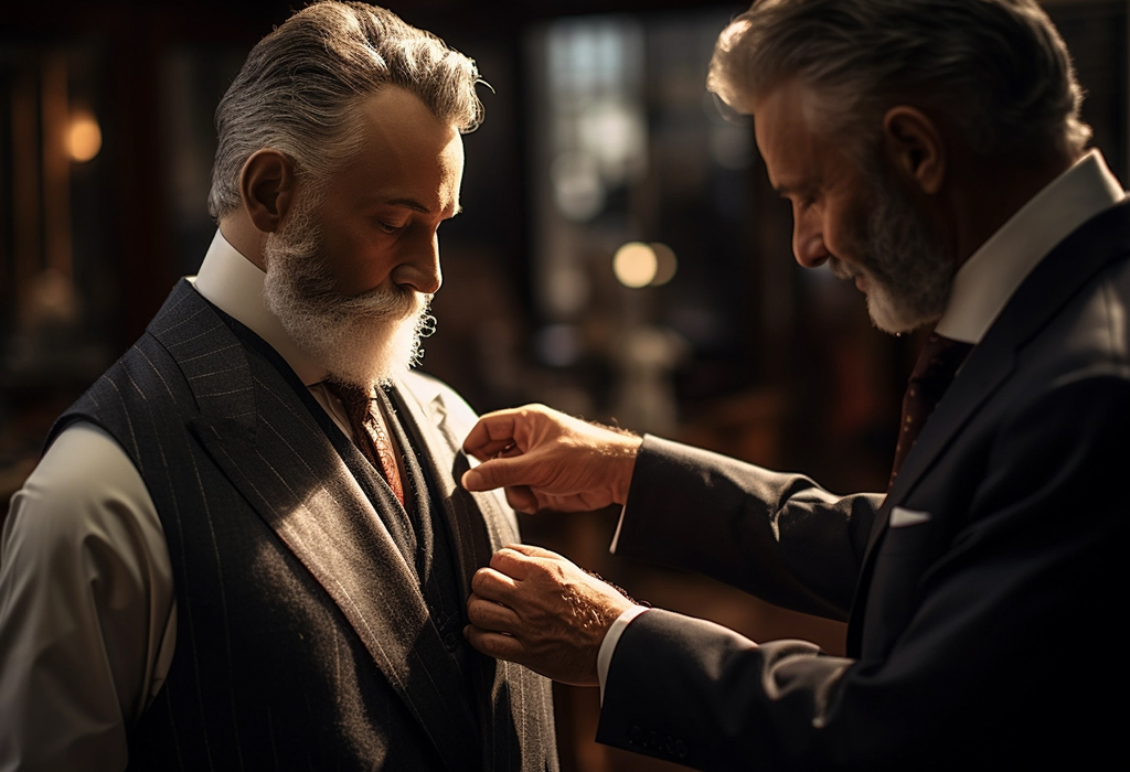 man is being measured by tailor in a process of creating new suit