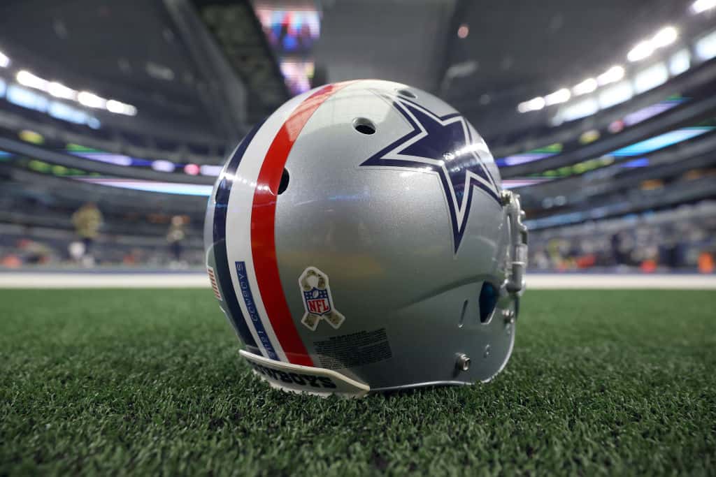 A view of the Dallas Cowboys helmet featuring a red and blue stripe to honor our country’s armed forces and Medal of Honor recipients at the Salute to Service game as the Cowboys host the Denver Broncos at AT&T Stadium on November 07, 2021 in Arlington, Texas.