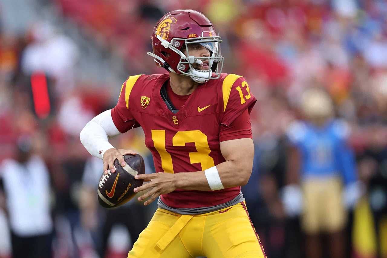 LOS ANGELES, CALIFORNIA - NOVEMBER 18: Caleb Williams #13 of the USC Trojans passes the ball during the first half of a game against the UCLA Bruins at United Airlines Field at the Los Angeles Memorial Coliseum on November 18, 2023 in Los Angeles, California.