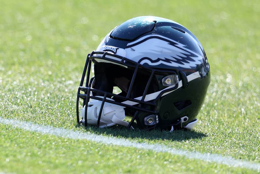 A detailed view of a Philadelphia Eagles helmet during practice prior to Super Bowl LVII on February 08, 2023 in Glendale, Arizona. The Philadelphia Eagles play the Kansas City Chiefs in Super Bowl LVII on February 12, 2023 at the State Farm Stadium.