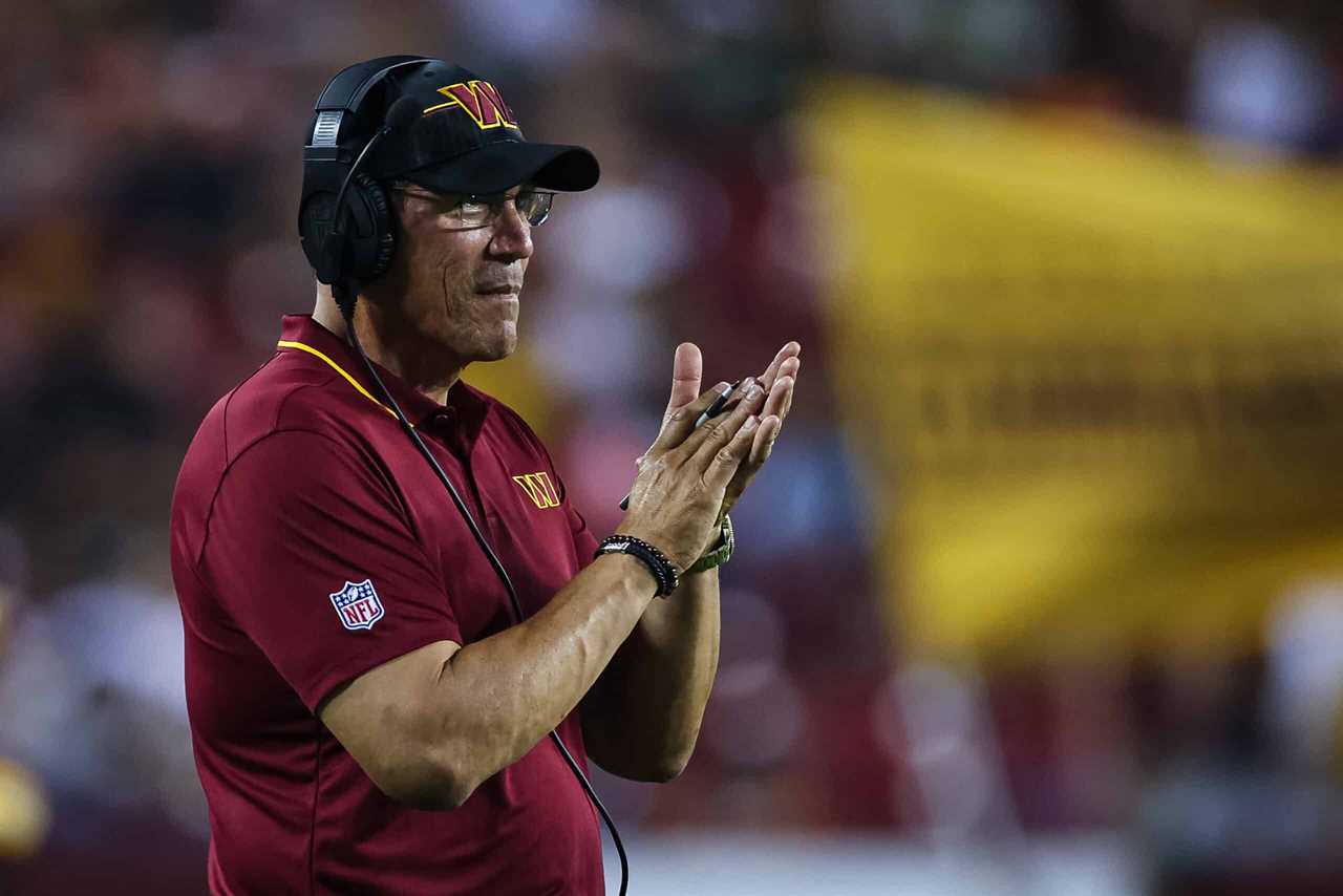 Head coach Ron Rivera of the Washington Commanders reacts after a play against the Baltimore Ravens during the first half of the preseason game at FedExField on August 21, 2023 in Landover, Maryland.