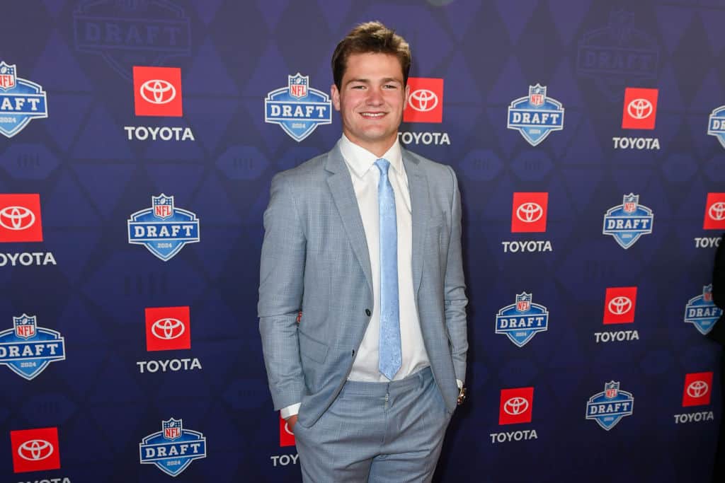 Drake Maye arrives to the 2024 NFL Draft at the Fox Theatre on April 25, 2024 in Detroit, Michigan.