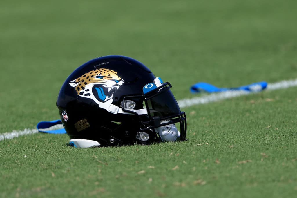A Jacksonville Jaguars helmet as seen during Jacksonville Jaguars Mandatory Minicamp at TIAA Bank Field on June 15, 2021 in Jacksonville, Florida.