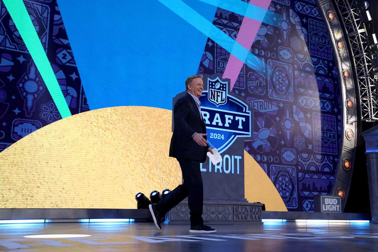 DETROIT, MICHIGAN - APRIL 25: NFL Commissioner Roger Goodell walks onstage during the first round of the 2024 NFL Draft at Campus Martius Park and Hart Plaza on April 25, 2024 in Detroit, Michigan.