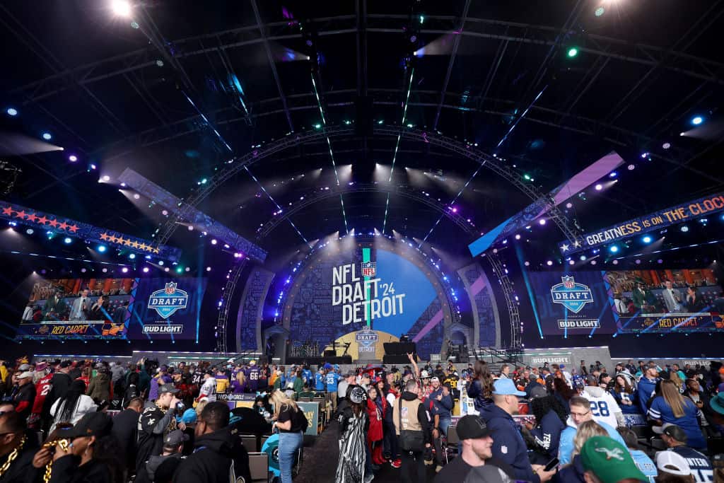 Fans gather prior to the first round of the 2024 NFL Draft at Campus Martius Park and Hart Plaza on April 25, 2024 in Detroit, Michigan.
