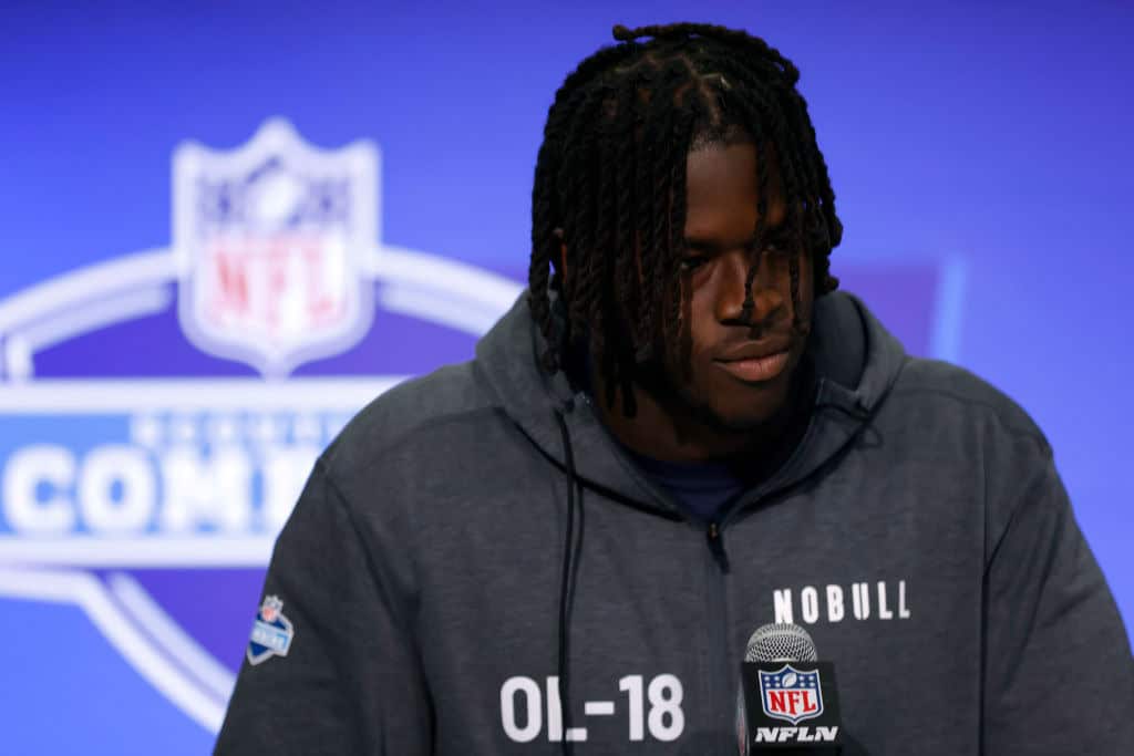 Olu Fashanu #OL18 of the Penn State Nittany Lions speaks to the media during the 2024 NFL Combine at the Indiana Convention Center on March 02, 2024 in Indianapolis, Indiana.