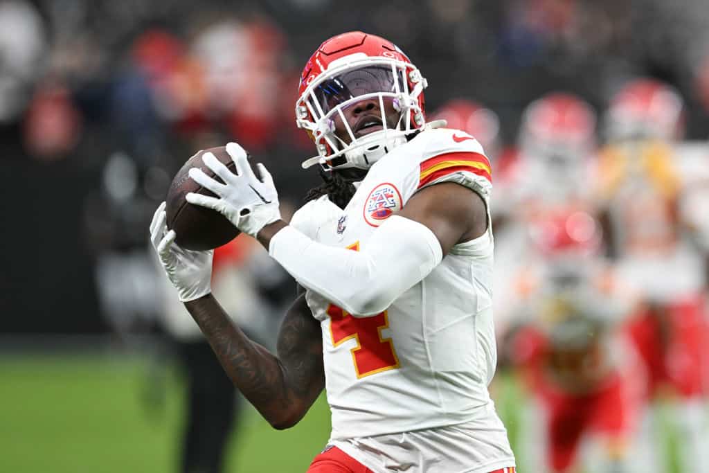 Wide receiver Rashee Rice #4 of the Kansas City Chiefs makes a catch in warm up against the Las Vegas Raiders at Allegiant Stadium on November 26, 2023 in Las Vegas, Nevada. The Chiefs defeated the Raiders 31-17.