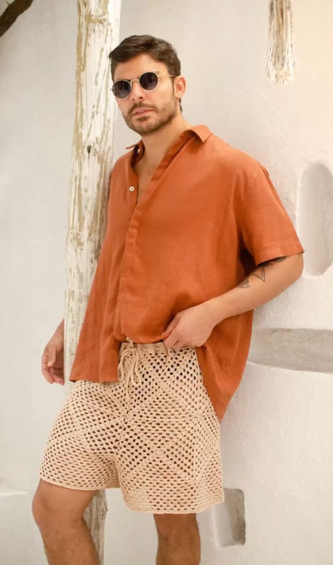 Cream Crochet Shorts for Men