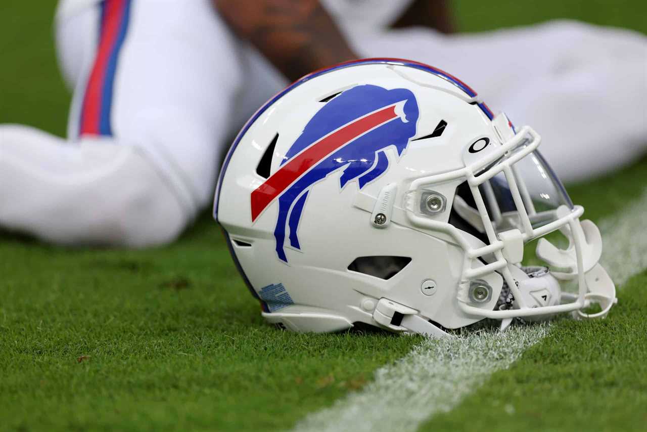 A detail of a Buffalo Bills helmet during warm ups against the Baltimore Ravens at M&T Bank Stadium on October 02, 2022 in Baltimore, Maryland.