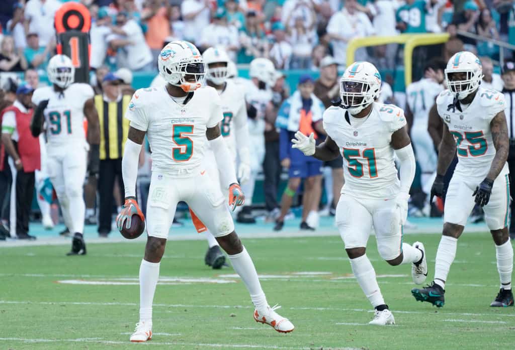 Jalen Ramsey #5 of the Miami Dolphins celebrates after an interception during the fourth quarter in the game against the Las Vegas Raiders at Hard Rock Stadium on November 19, 2023 in Miami Gardens, Florida.