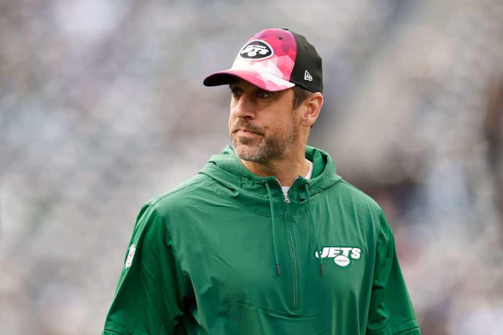 Aaron Rodgers #8 of the New York Jets looks on prior to the game against the Philadelphia Eagles at MetLife Stadium on October 15, 2023 in East Rutherford, New Jersey.