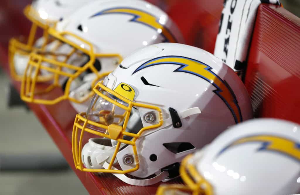 Los Angeles Chargers helmets on the bench prior to the start of the NFL preseason game the Arizona Cardinals at State Farm Stadium on August 08, 2019 in Glendale, Arizona.