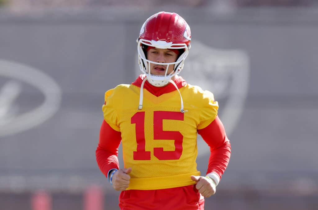 HENDERSON, NEVADA - FEBRUARY 08: Patrick Mahomes #15 of the Kansas City Chiefs warms up during Kansas City Chiefs practice ahead of Super Bowl LVIII at the Las Vegas Raiders Headquarters/Intermountain Healthcare Performance Center on February 08, 2024 in Henderson, Nevada.