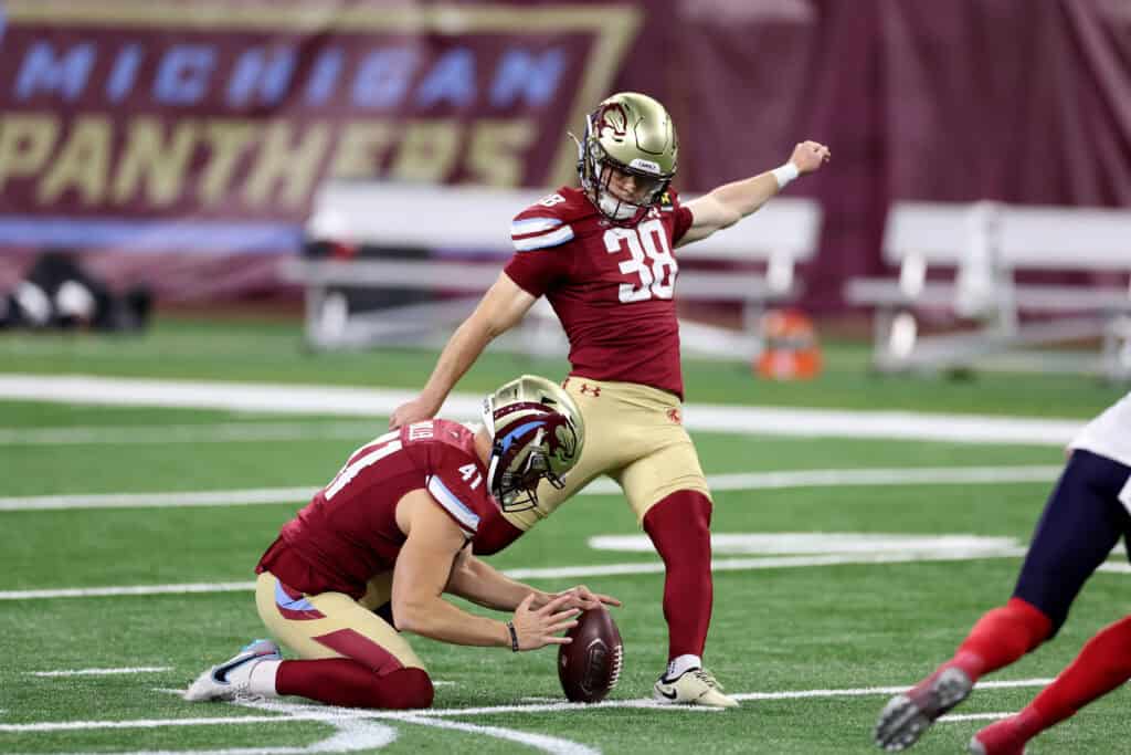 DETROIT, MICHIGAN - APRIL 14: Jake Bates #38 of the Michigan Panthers kicks a field goal against the Houston Roughnecks during the second quarter in the game at Ford Field on April 14, 2024 in Detroit, Michigan. 