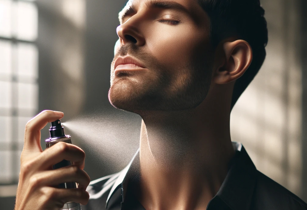 man with closed eyes spraying fragrance on his neck