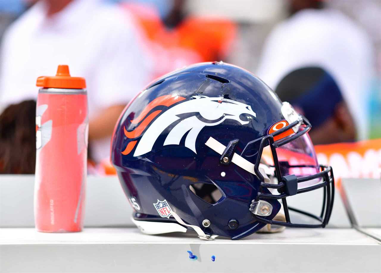 A detailed view of a Denver Broncos helmet during the game between the Denver Broncos and the Jacksonville Jaguars at TIAA Bank Field on September 19, 2021 in Jacksonville, Florida.