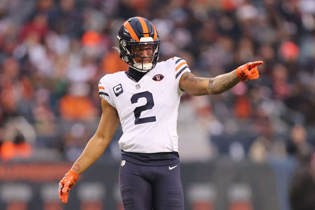 DJ Moore #2 of the Chicago Bears reacts against the Arizona Cardinals at Soldier Field on December 24, 2023 in Chicago, Illinois.