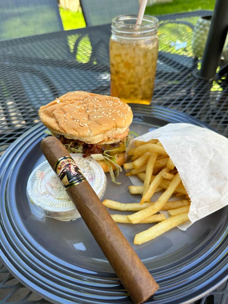 Cigar Paired with Burger Fries And Texas Sweet Tea