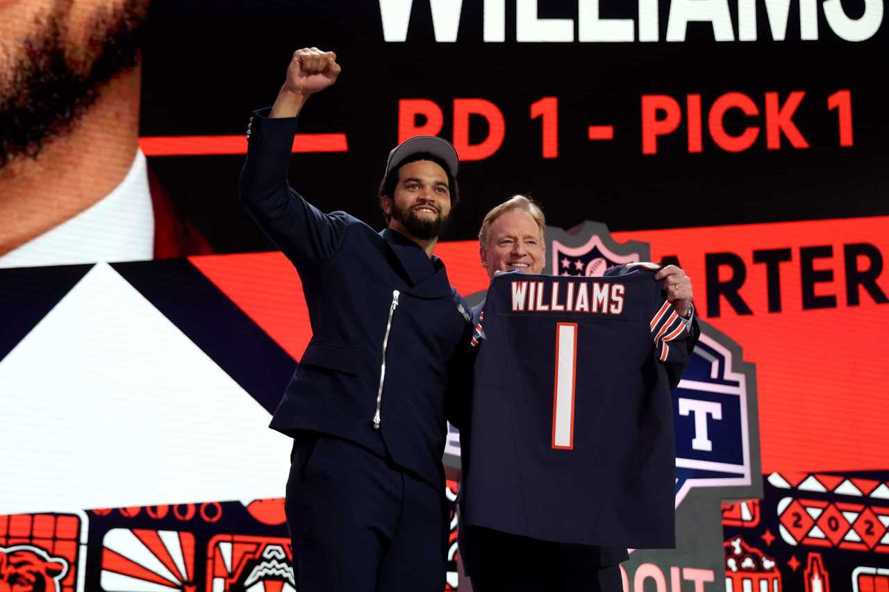 DETROIT, MICHIGAN - APRIL 25: (L-R) Caleb Williams poses with NFL Commissioner Roger Goodell after being selected first overall by the Chicago Bears during the first round of the 2024 NFL Draft at Campus Martius Park and Hart Plaza on April 25, 2024 in Detroit, Michigan.